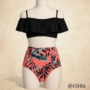 Old Navy Tropical Off-Shoulder Ruffle 2-Piece Swimsuit Black Coral L